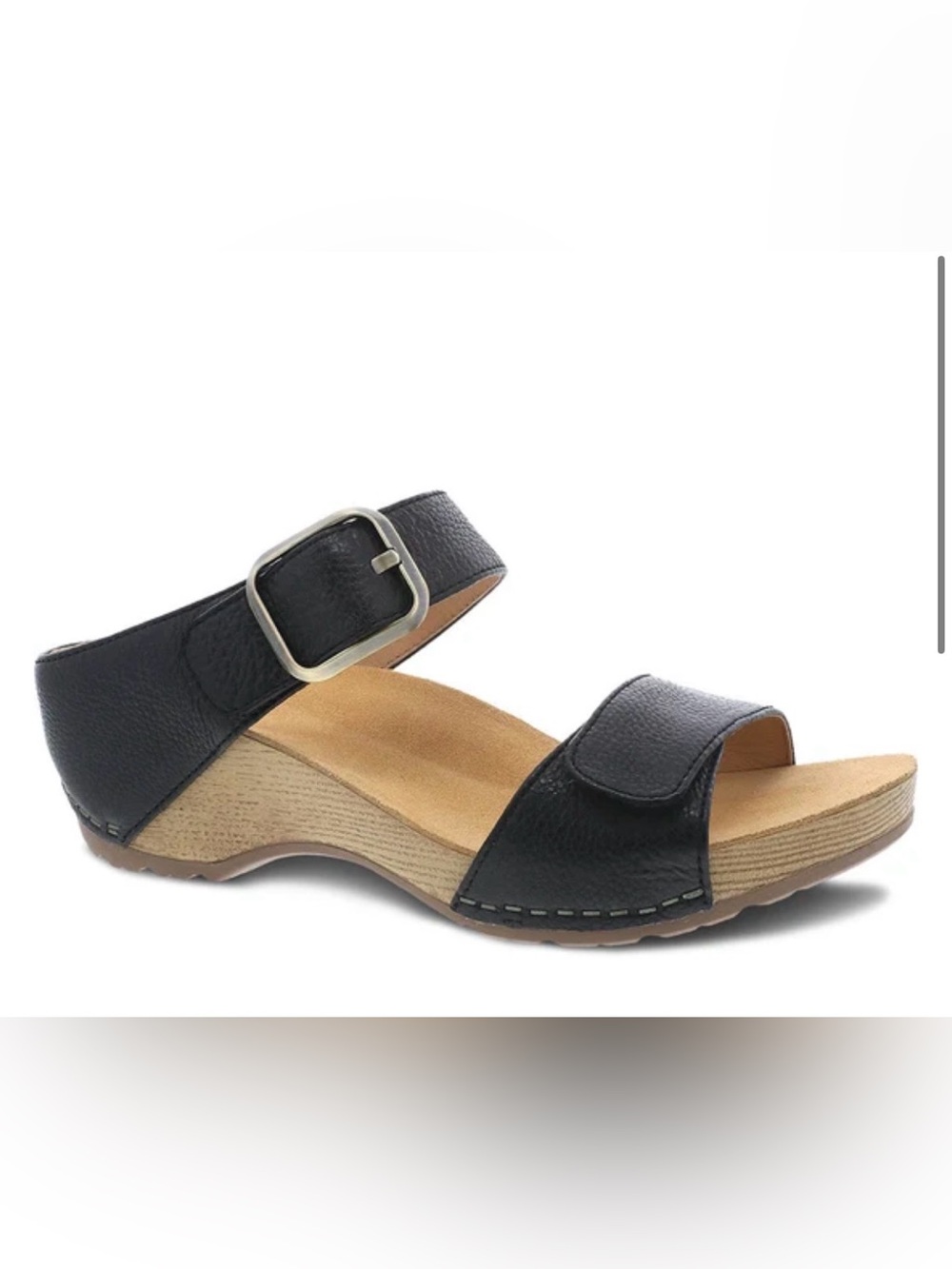 Dansko Black Leather Two-Strap Slide Sandal with Buckle